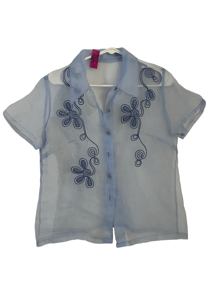 Blusa Transaparente Con Bordados Azules