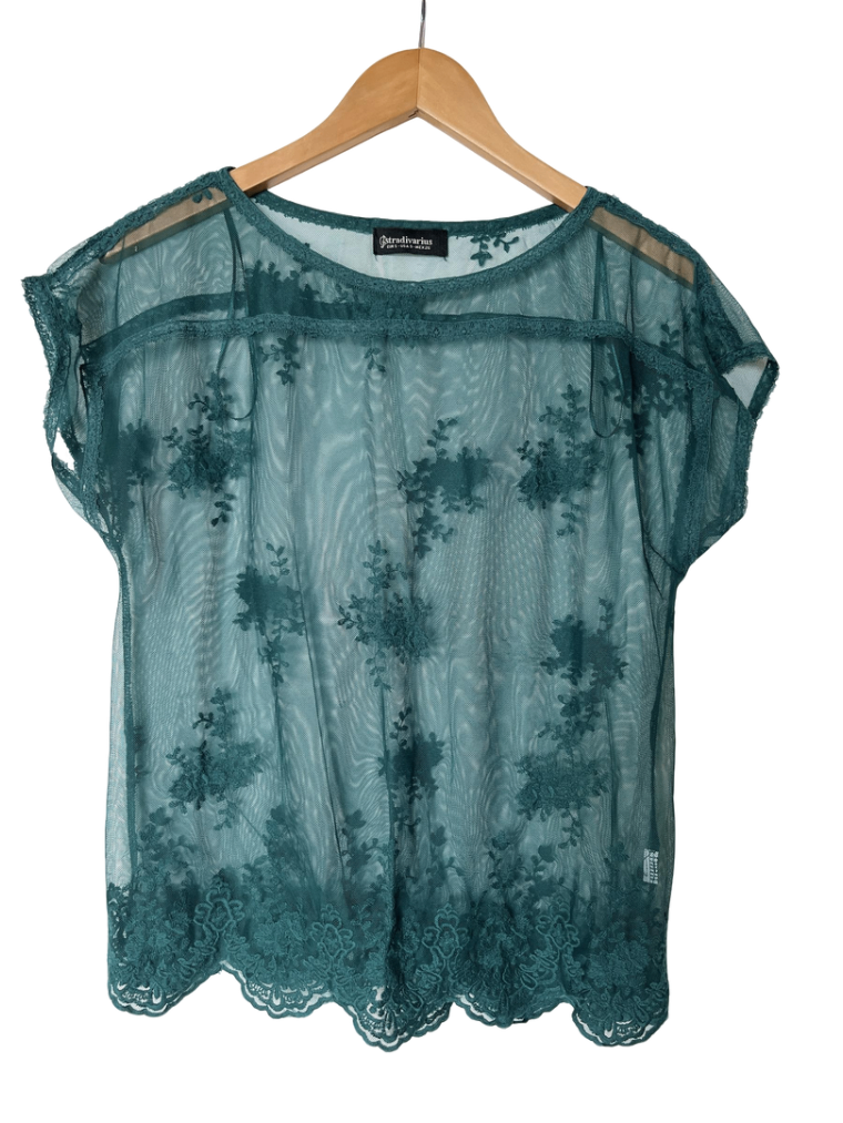 Camisa Verde Esmeralda Transparente de Encaje Stradivarius