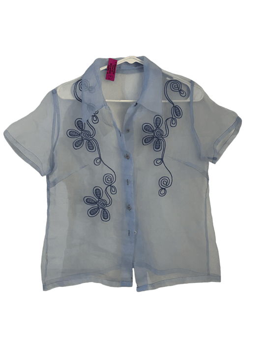 Blusa Transaparente Con Bordados Azules