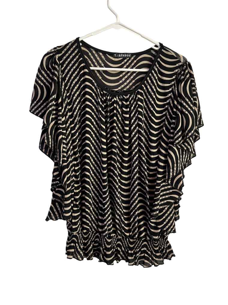 Blusa Negra Con Rayas Beige Mangas De Pliegues Marca T-Kendus