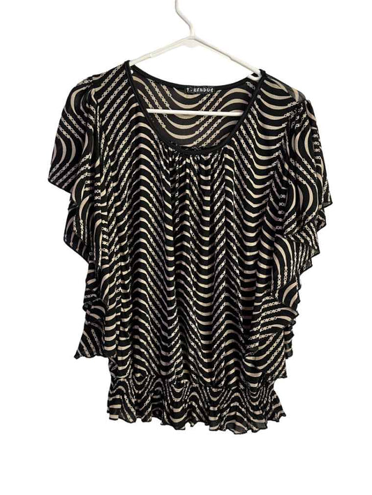 Blusa Negra Con Rayas Beige Mangas De Pliegues Marca T-Kendus