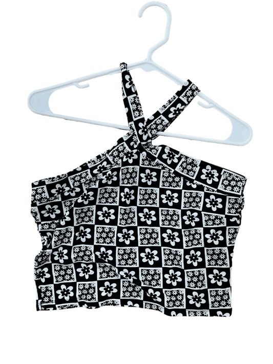 Crop Top De Flores Blanco Y Negro, Microdurazno